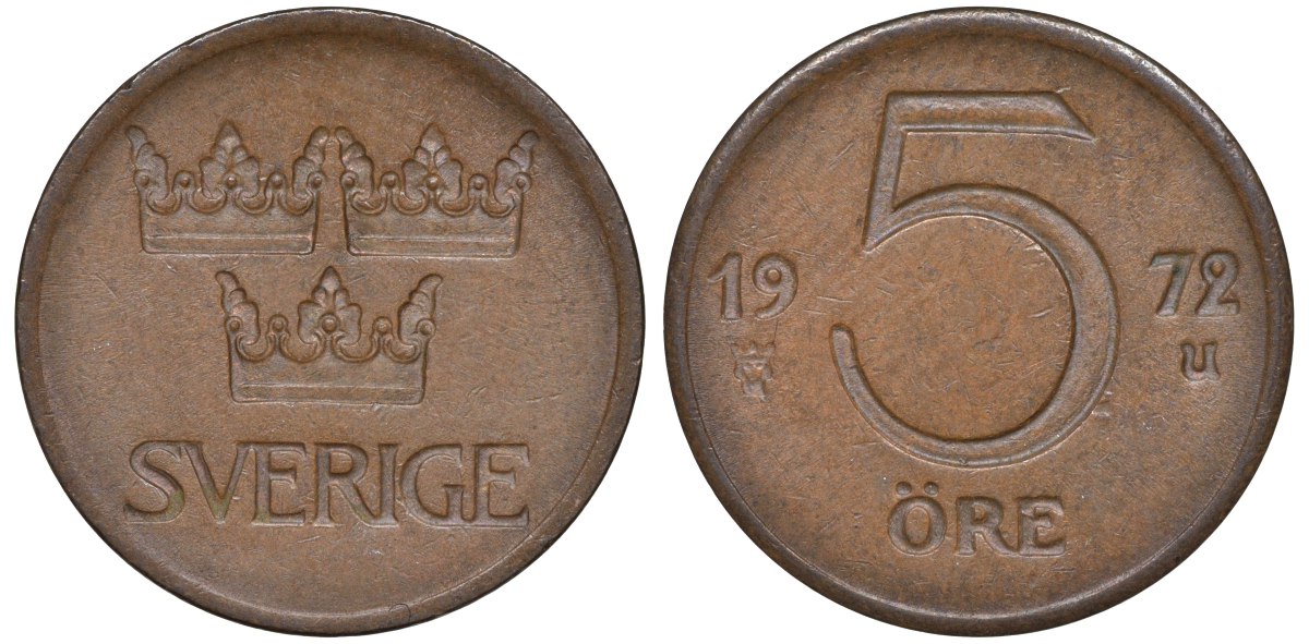 Швеция 5 эре 1972 Густав VI Адольф (1950-1973) KM 845 бронза 4609-1028