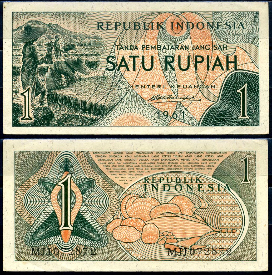Индонезия 1 рупия 1961 урожай риса, серия MJJ072 Pick 78 бумага aUNC 7554-19-4-2