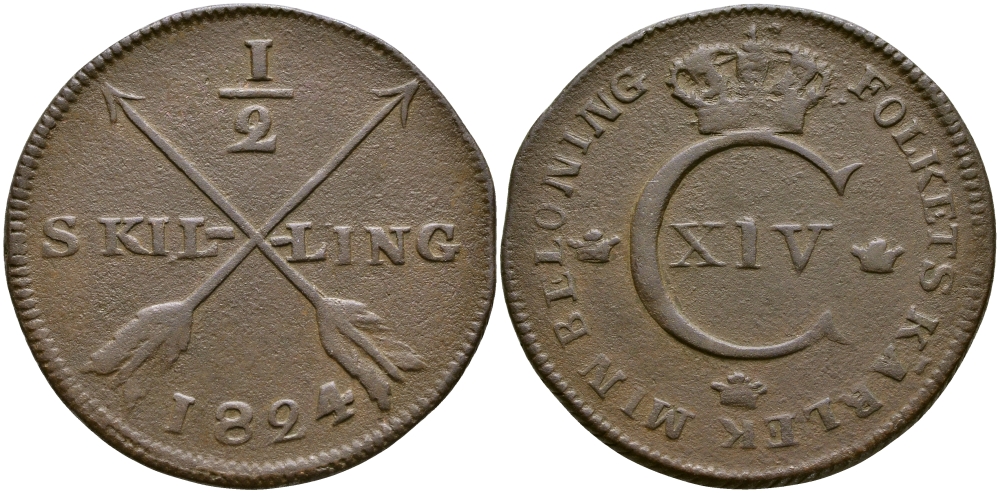Швеция 1/2 скиллинга 1824 Карл XIV Юхан (1818-1844) KM 596 медь 4680-141
