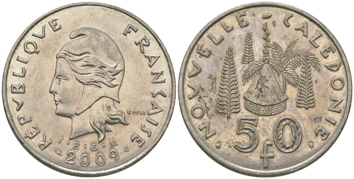 Французская Новая Каледония 50 франков 2009 хижина среди сосен и пальм, (IEOM) KM 13a, Schoen 15a, Lec 128i медно-никель 114-442