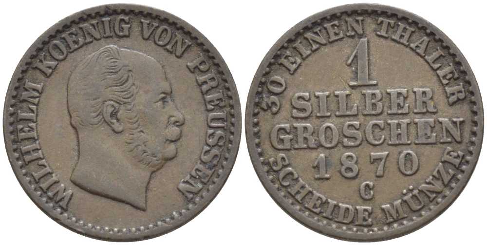 ПРУССИЯ 1 ГРОШ 1870 С, ВИЛЬГЕЛЬМ I (1861-1888) KM 485 серебро 201-648