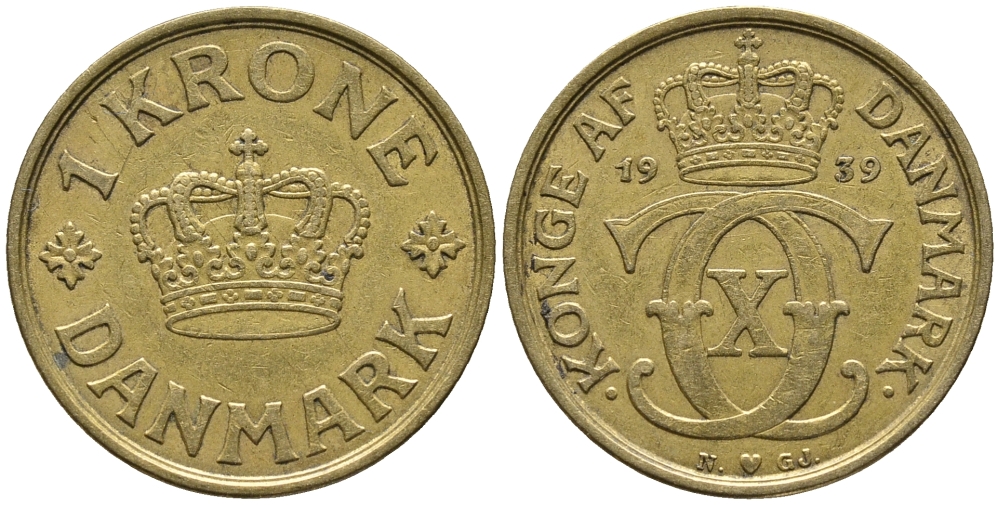 ДАНИЯ 1 КРОНА 1939 N; GJ, КРИСТИАН X (1912-1947) KM 824.2 алюминиевая бронза 34-1144