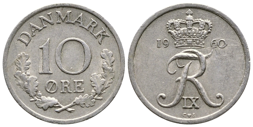 ДАНИЯ 10 ЭРЕ 1958 C; S, ФРЕДЕРИК IX (1947-1972) КМ 849.1 медно-никель 26-856