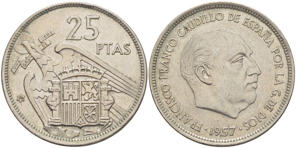 ИСПАНИЯ 25 ПЕСЕТ 1957 (74) ФРАНСИСКО ФРАНКО ДИКТАТОР ИСПАНИИ ( 1939- 1975) KM 787 медно-никель 216-721