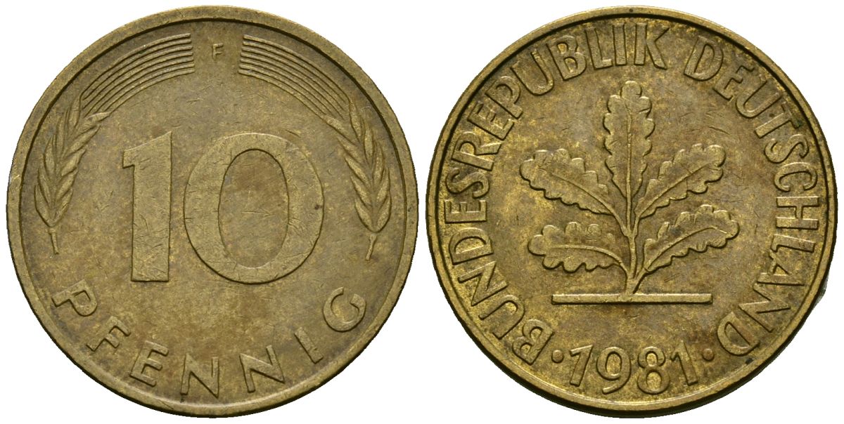 ФРГ 10 пфеннигов 1981 F KM 108 сталь плакированная латунью 4138-522
