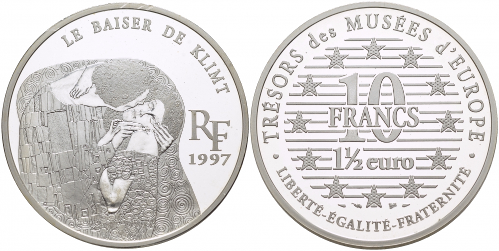 Франция 10 франков = 1 1/2 евро 1997 серия сокровища музеев Европы, “Поцелуй” Климта KM 1299 серебро PROOF 1068-4-61