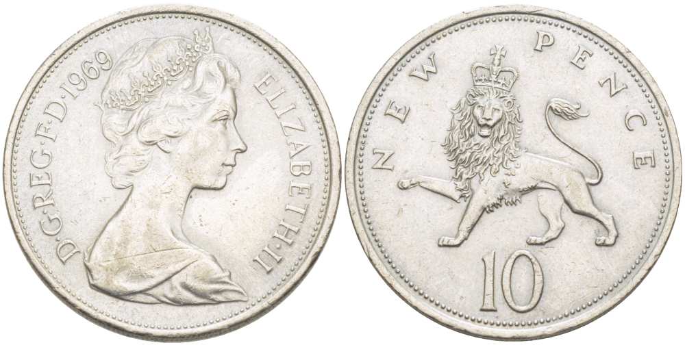 Великобритания 10 пенсов 1969 Елизавета II (1952-2022) KM 912, Spink 4231 (F1) медно-никель 215-814