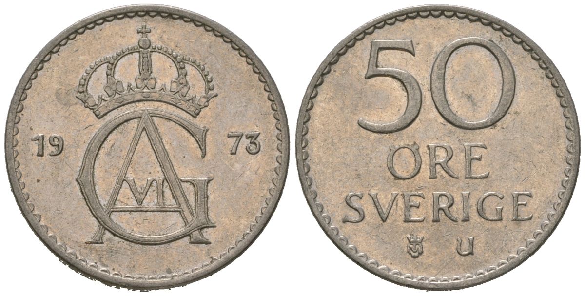 Швеция 50 эре 1973 U, Густав VI Адольф (1950-1973) KM 837 медно-никель 4621-337