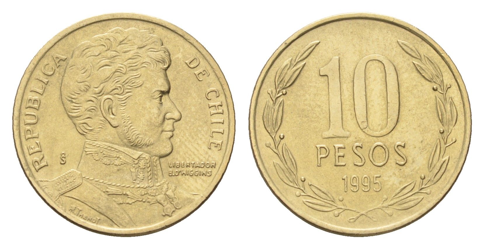 Чили 10 песо 1995 Бернардо О’Хиггинс KM 228 никель латунь aUNC 4664-124