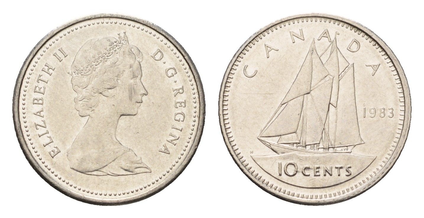 Канада 10 центов 1983 Елизавета II (1952-2022), парусник KM 77 никель 4689-554