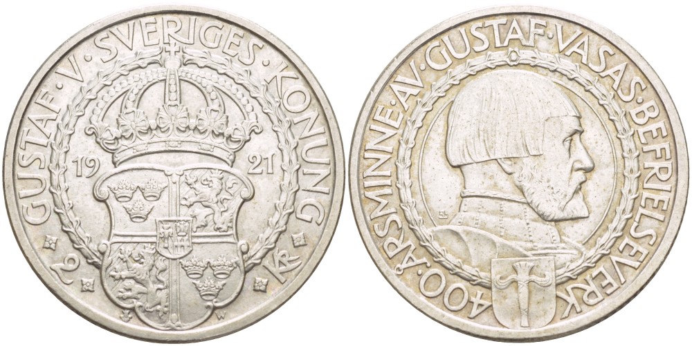 Швеция 2 кроны 1921 W, Густав V (1907-1950), 400 лет политических свобод KM 799 серебро UNC 1520-321