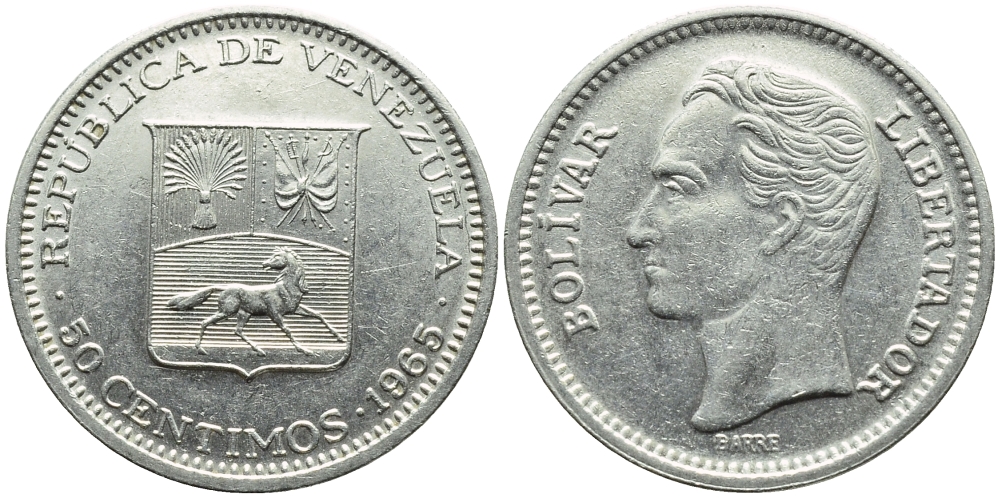 Венесуэла 50 сентимо 1965 Симон Боливар KM 41, Schon 51 никель 4392-1011