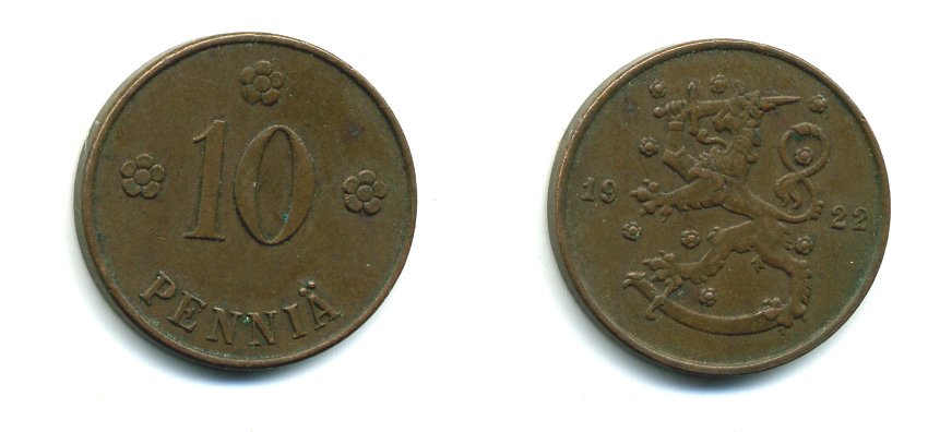 Финляндия 10 пенни 1922 республика (1918-1962) KM 24 медь 46-549