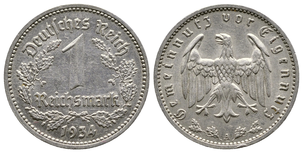 ГЕРМАНИЯ 1 РЕЙХСМАРКА 1934 А KM 78, J. 354 никель 4380-535