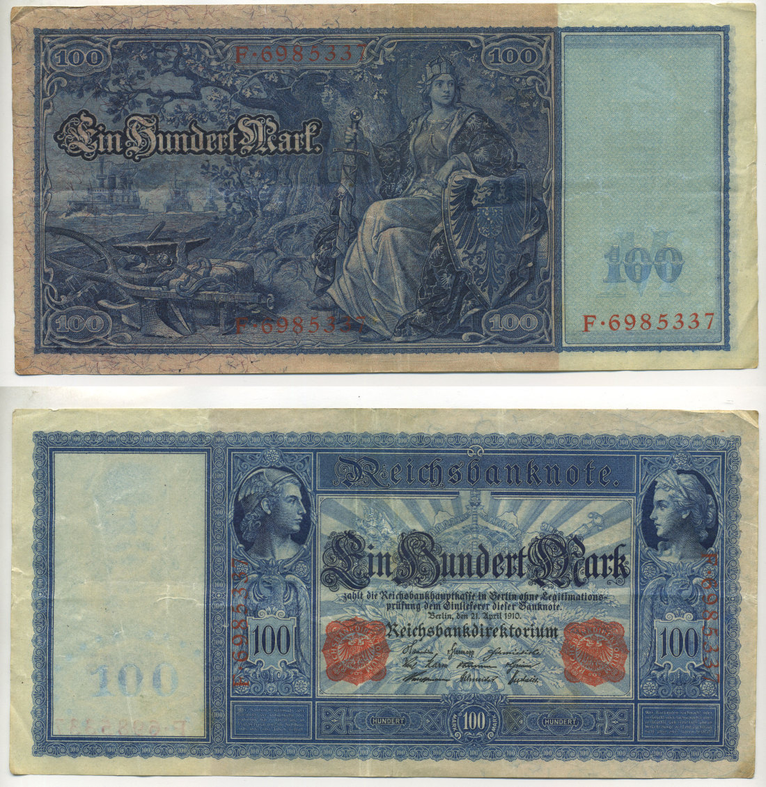 ГЕРМАНИЯ 100 МАРОК 1910 21 АПРЕЛЯ 1910, КРАСНАЯ СЕРИЯ Pick 42 бумага 7523-26-1