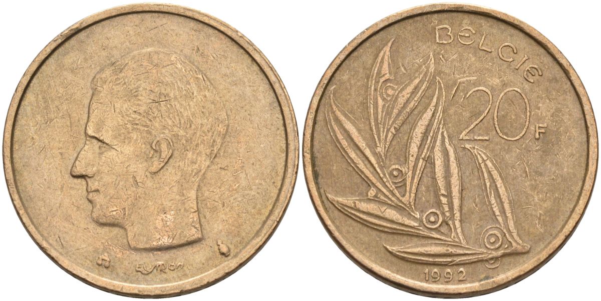 Бельгия 20 франков 1992 Belgie, Бодуэн I (1951-1993) KM 160 никель бронза 4126-321