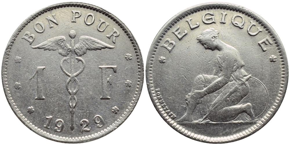 БЕЛЬГИЯ 1 ФРАНК 1929 BELGIQUE KM 89 никель 4393-846