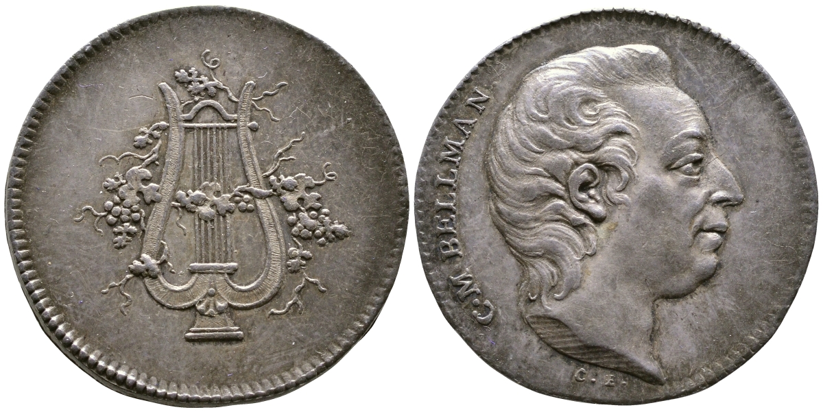 ШВЕЦИЯ МЕДАЛЬ 1792-1809 КАРЛ БЕЛЛМАН, ПОЭТ И КОМПОЗИТОР, 27,4 мм, 8,4 гр, в оригинальной коробке Hildebrand S. 235 серебро UNC 6-3-1-19