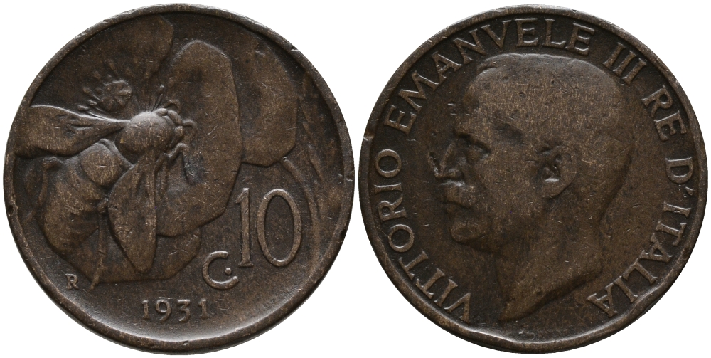 ИТАЛИЯ 10 ЧЕНТЕЗИМО 1931 R, ВИКТОР ИМАНУИЛ, ПЧЕЛА KM 60 медь 76-741