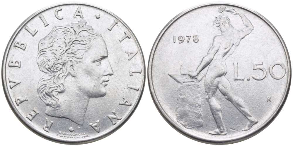 ИТАЛИЯ 50 ЛИР 1978 R, БОГ ОГНЯ ВУЛКАН У НАКОВАЛЬНИ KM 95.1 нержавеющая сталь 34-917