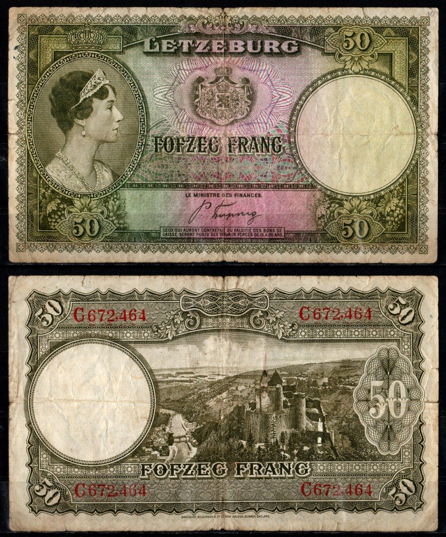 Люксембург 50 франков ND (1944) Великая герцогиня Шарлотта, руки Pick 45 бумага 7205-6-2-1