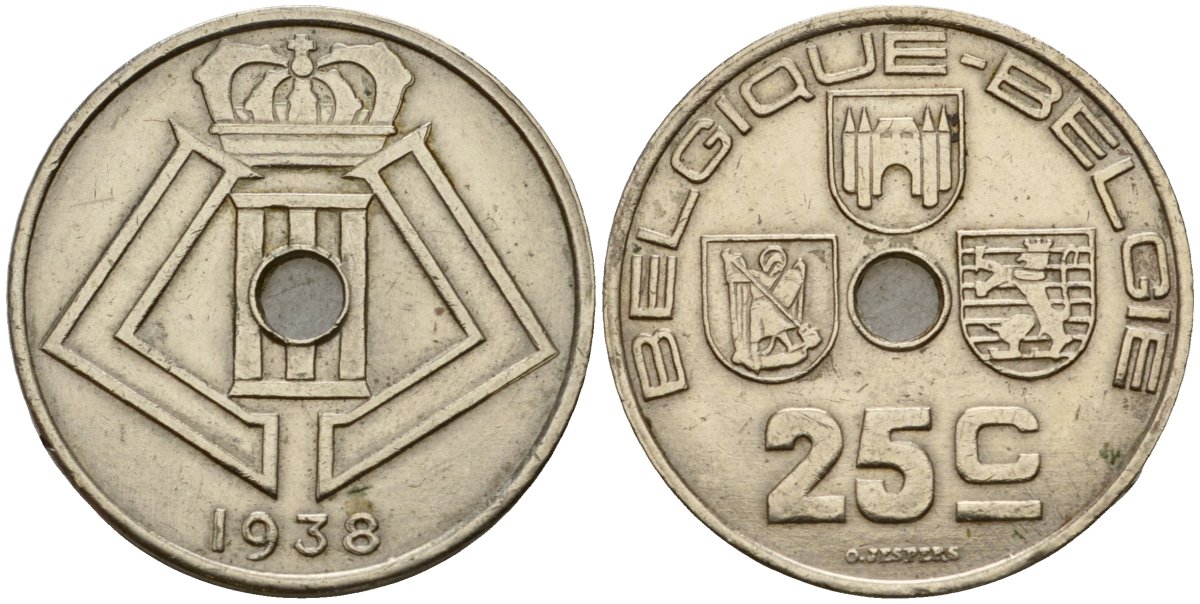 Бельгия 25 сантимов 1938 Belgique - Belgie KM 114 никель латунь 33-1146