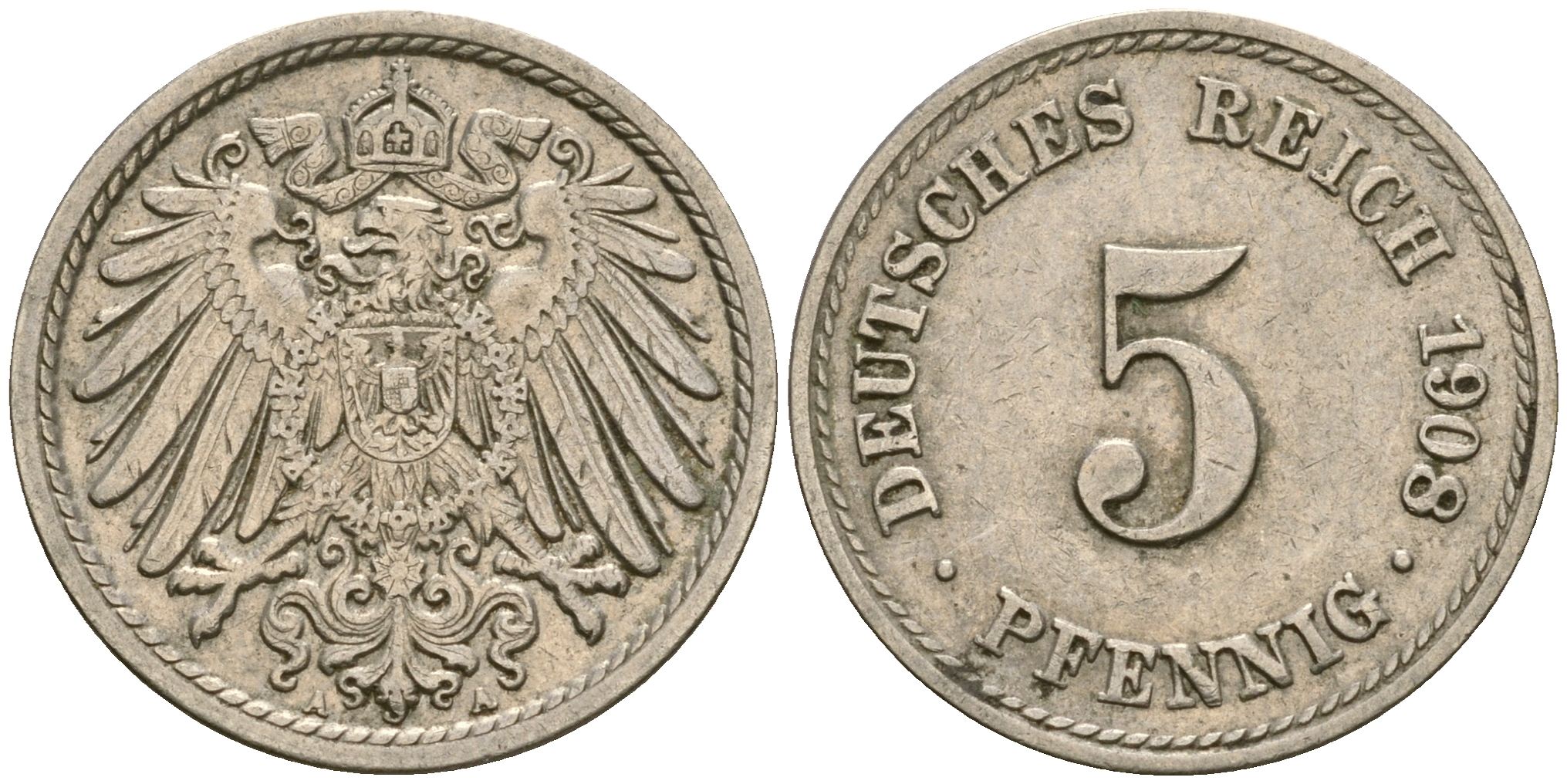 Германия 5 пфеннигов 1908 A KM 11, Jager 12, Weege 6 медно-никель 4364-4554