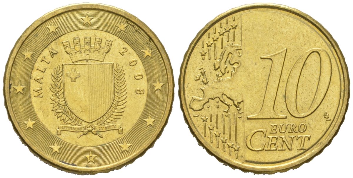 Мальта 10 евроцентов 2008 F KM 128 нордик UNC 4551-1051