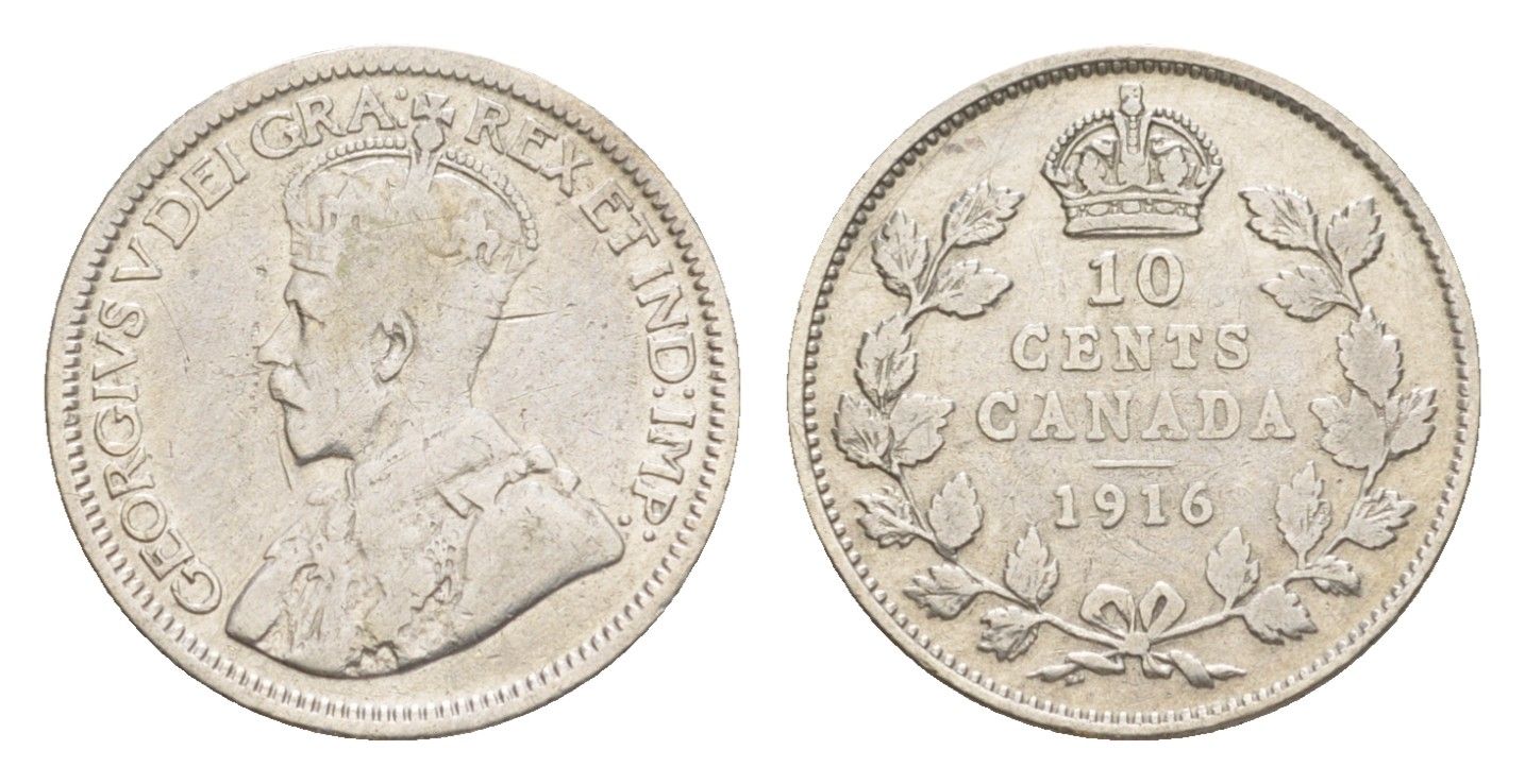 Канада 10 центов 1916 Георг V (1910-1936) KM 23 серебро 4636-116