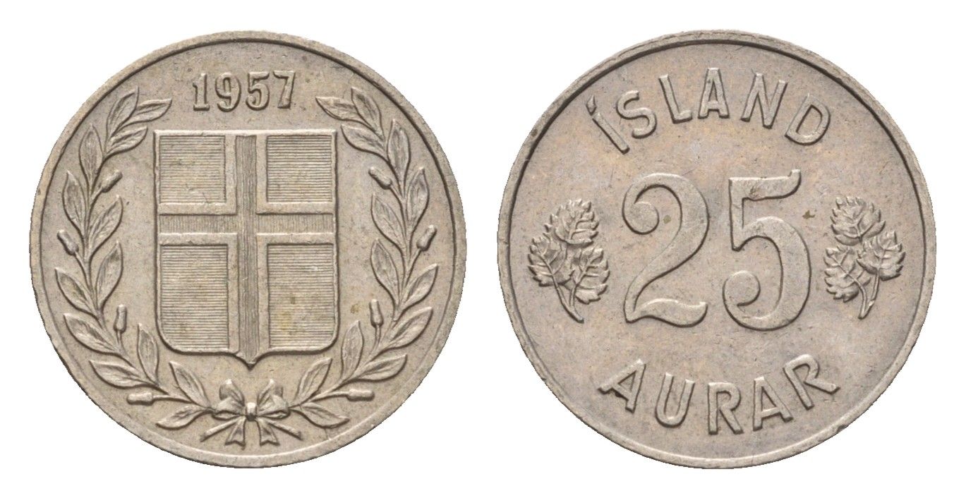 Исландия 25 эйре 1957 KM 11 медно-никель 4690-611