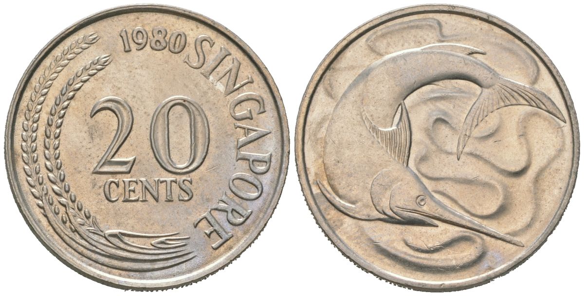 Сингапур 20 центов 1980 тунец KM 4 медно-никель 4573-1256