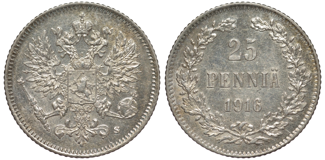 Россия для Финляндии 25 пенни 1916 S, Николай II (1894-1917) KM 6.2, Биткин 421 серебро 75-1341