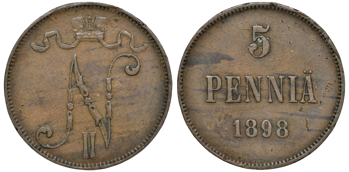 Россия для Финляндии 5 пенни 1898 Николай II (1894-1917) KM 15, Биткин 443 медь 51-535