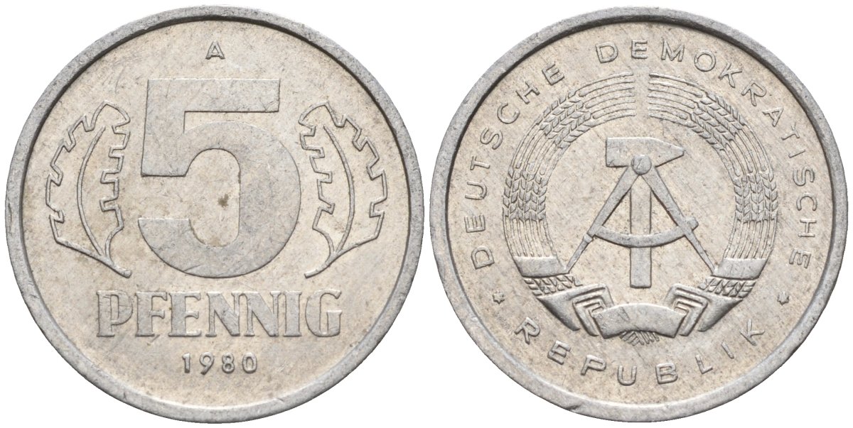 ГДР 5 пфеннигов 1980 A KM 9.2 алюминий 4143-723