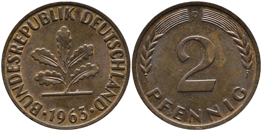 ФРГ 2 пфеннига 1963 D KM 106, J.381 бронза 99-132