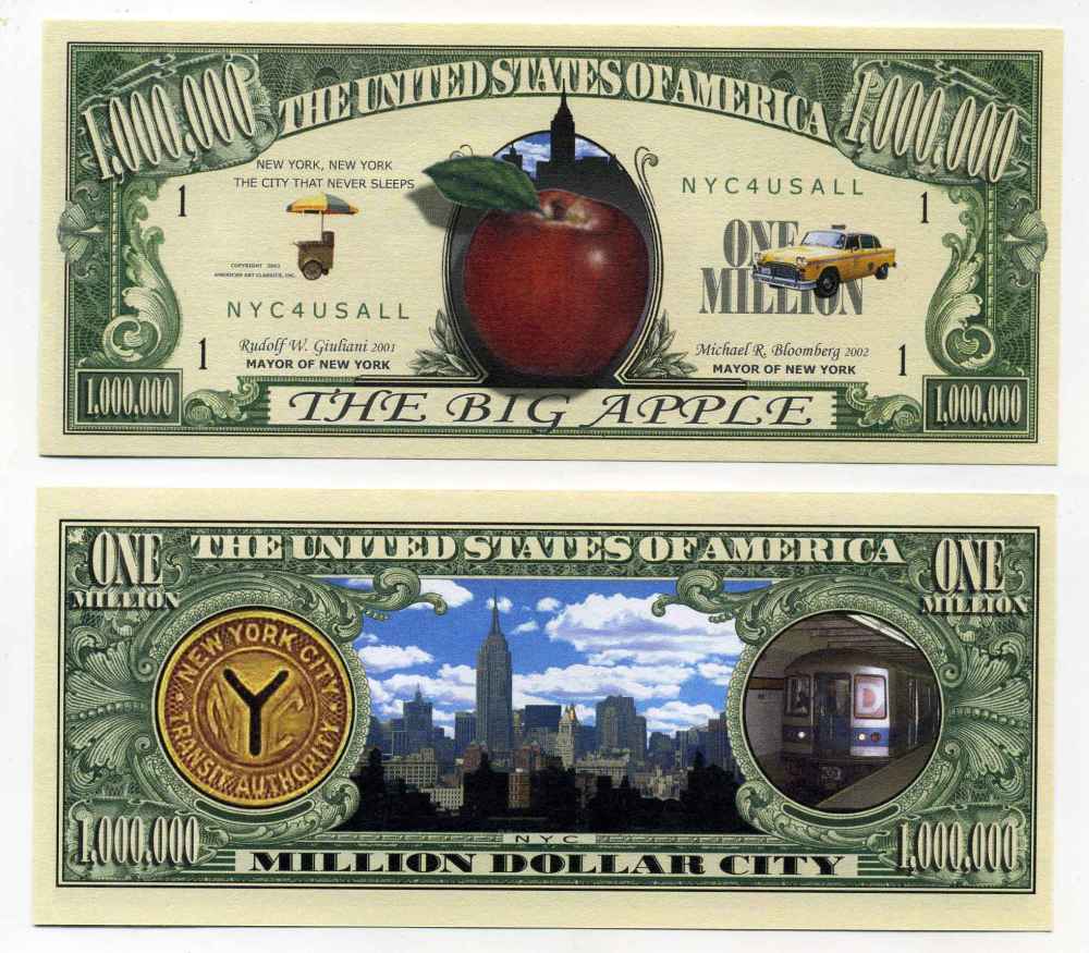 США 1000000 ДОЛЛАРОВ 2002 СУВЕНИРНАЯ БАНКНОТА, ГОРОД НЬЮ-ЙОРК БОЛЬШОЕ ЯБЛОКО бумага UNC (ПРЕСС) 8588-61-2-2