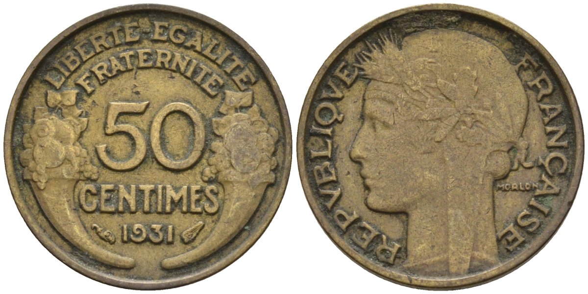 Франция 50 сантимов 1931 KM 894.1, Le Franc 192.15 алюминиевая бронза 4596-729