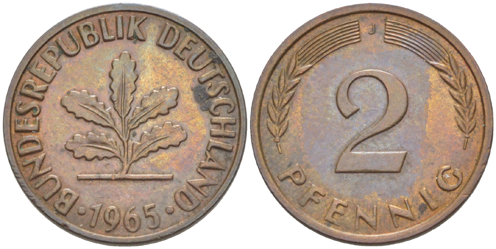 ФРГ 2 ПФЕННИГА 1965 J KM 106, J. 381 бронза 4181-742