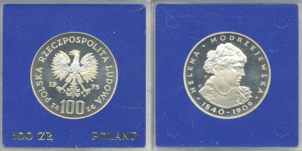 Польша 100 злотых 1975 MW, Хелена Моджеевская (1840-1909), в оригинальной пластиковой упаковке KM 78, Parchimowicz 272 серебро PROOF 5-3-1-20