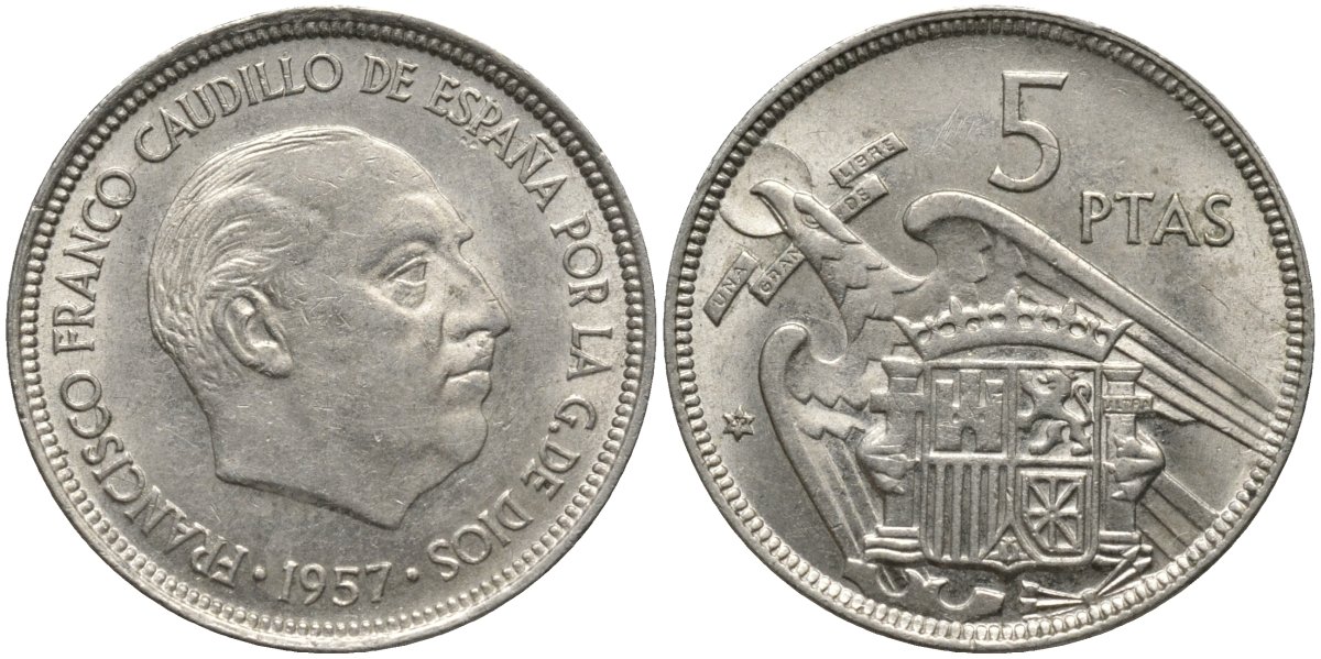 Испания 5 песет 1957 (57) Франсиско Франко (1939-1975) KM 786 медно-никель UNC 4171-517