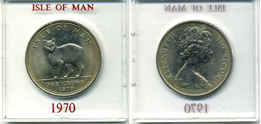 Остров Мэн 1 крона 1970 кошка Мэна, в оригинальной пластиковой коробке KM 18 медно-никель UNC 6-6-1-75