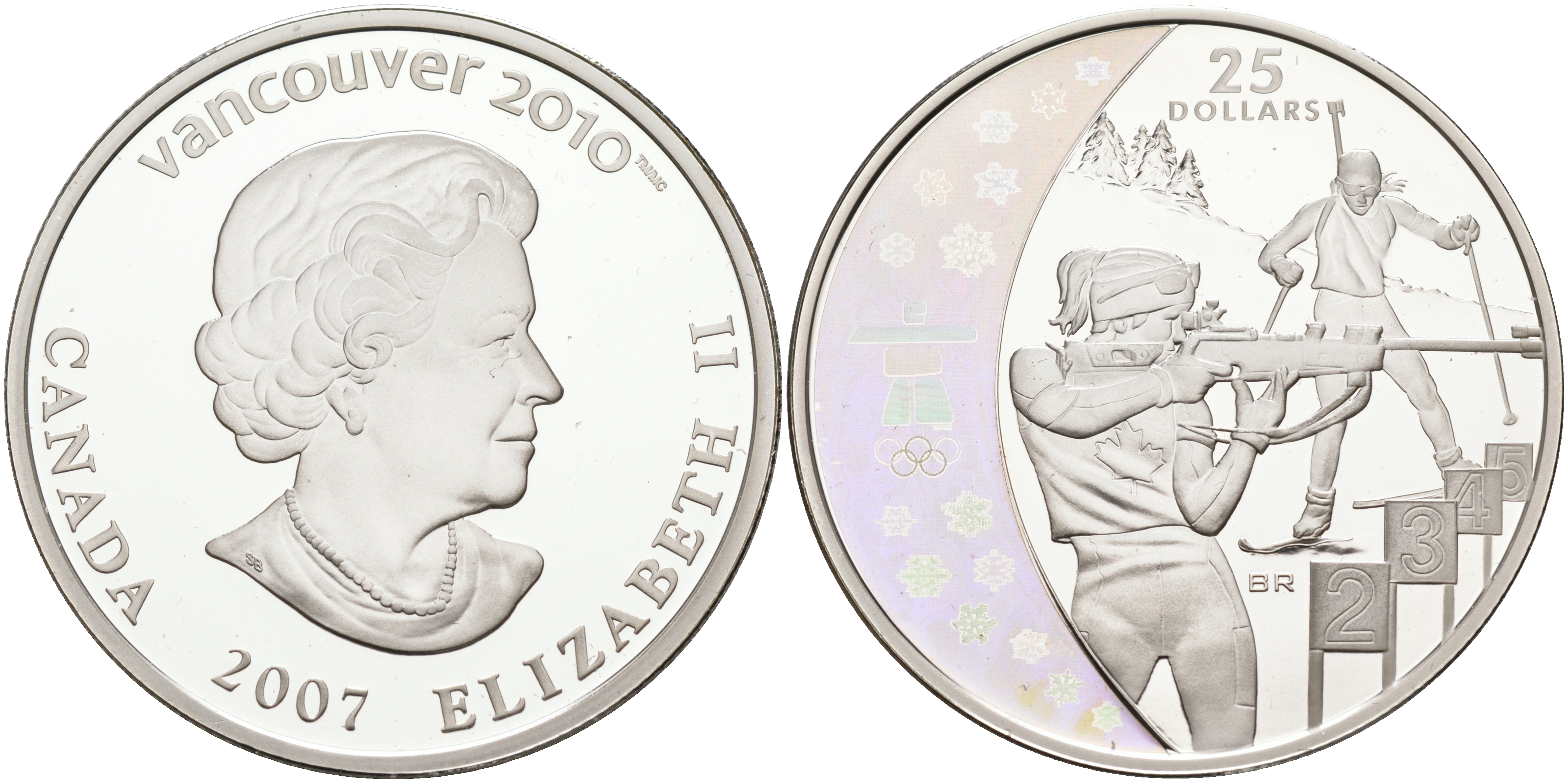 Канада 25 долларов 2007 зимние Олимпийские игры в Ванкувере 2010, биатлон, голограмма KM 744 серебро PROOF 11-267-14