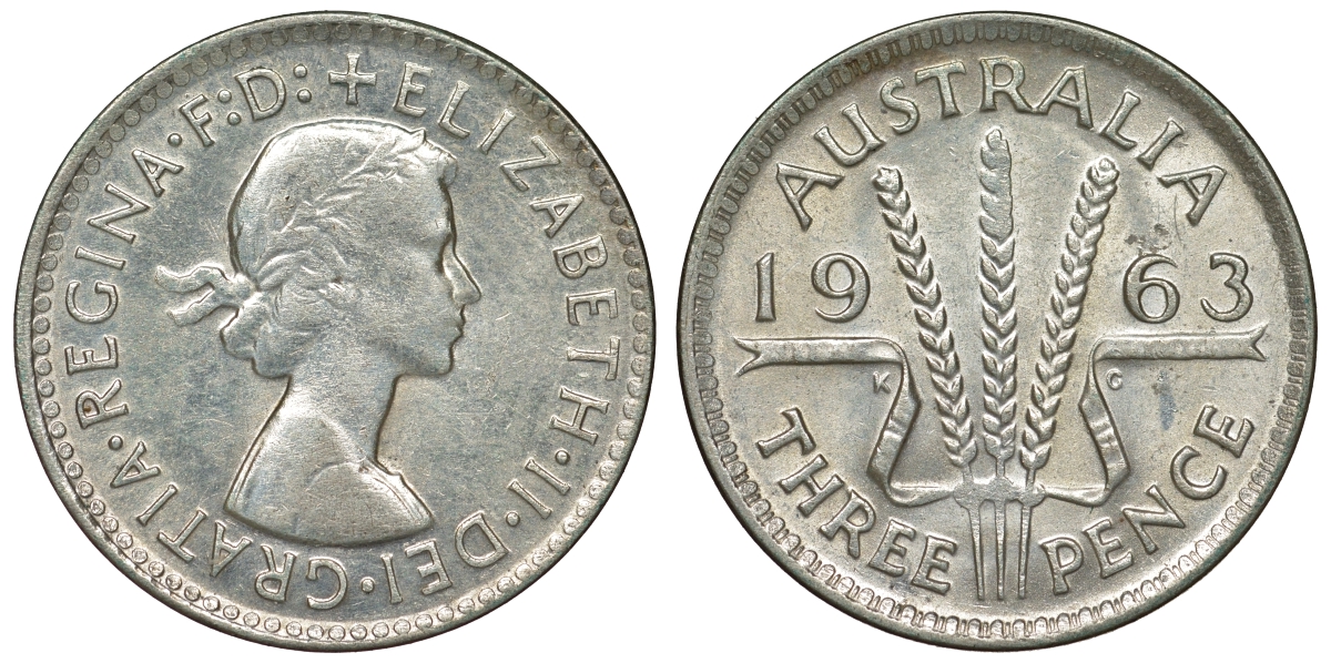 Австралия 3 пенса 1963 m, Елизавета II (1952-2022) KM 57 серебро 71-918