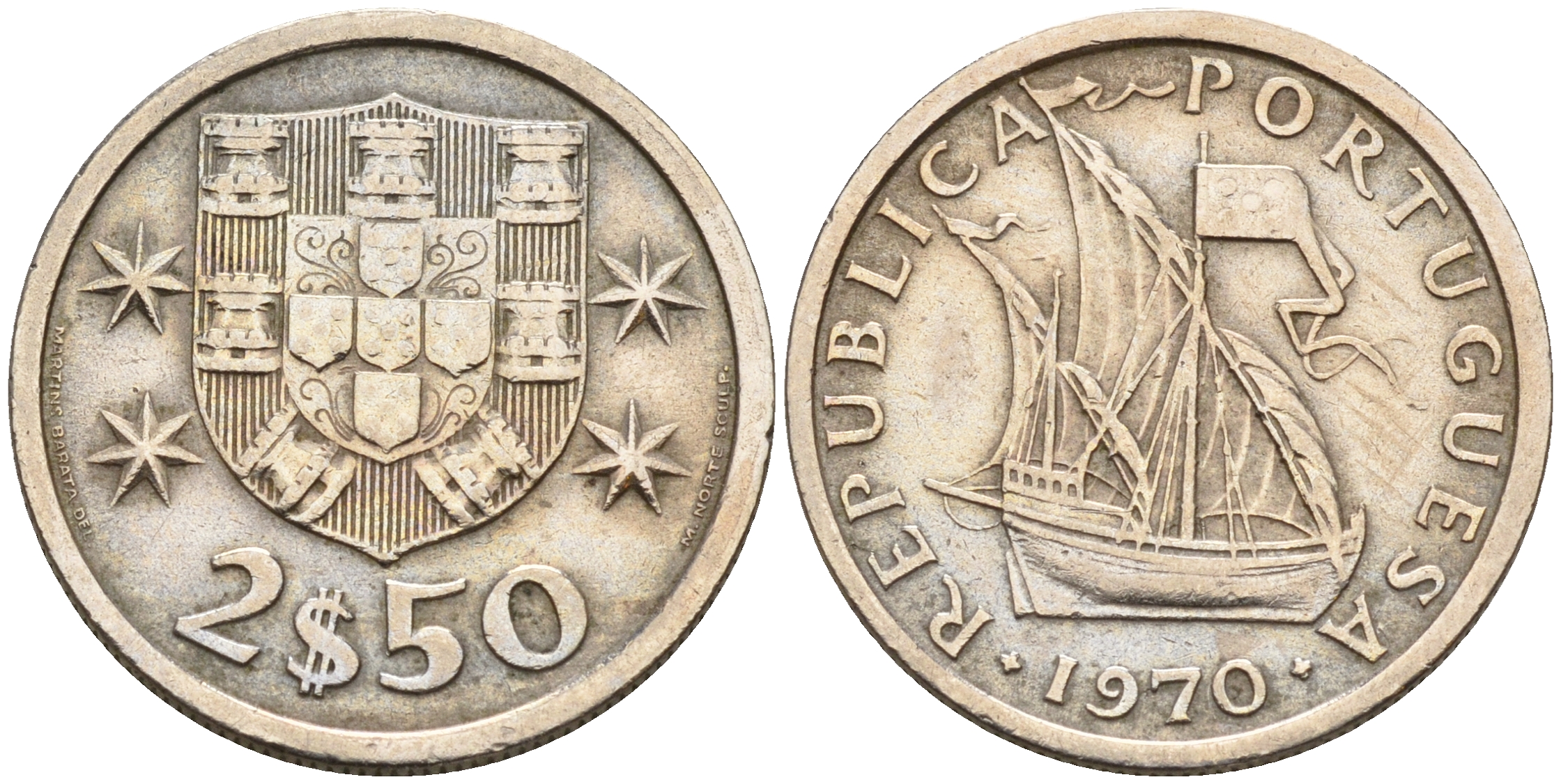 Португалия 2,5 эскудо 1970 парусник KM 590 медно-никель    4160-1213