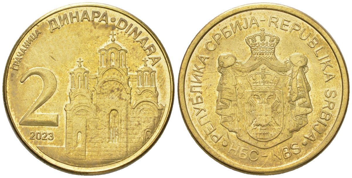 Сербия 2 динара 2023 KM 55 сталь плакированная латунью UNC 4546-551