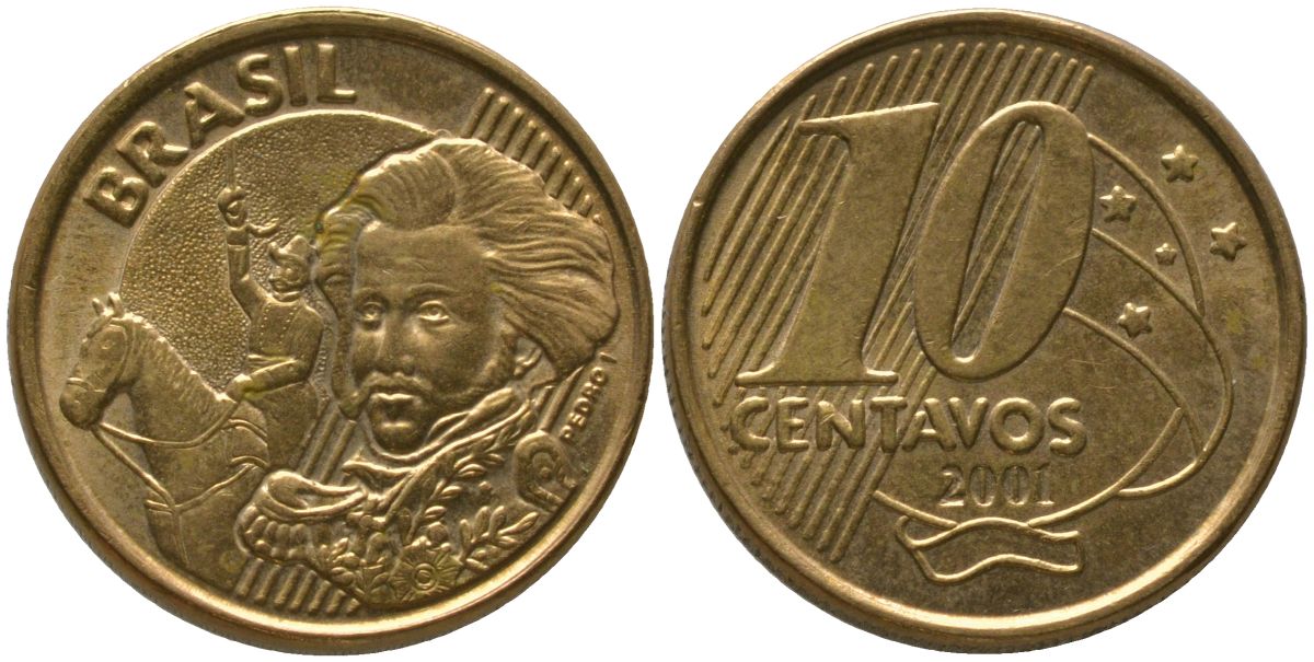 Бразилия 10 сентаво 2001 KM 649, Schon 157 сталь плакированная бронзой 4523-636