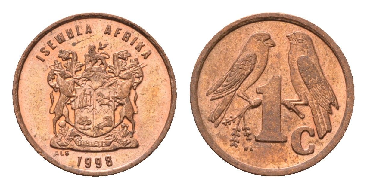 ЮАР 1 цент 1998 герб, капские воробьи KM 170 сталь плакированная медью UNC 4694-232
