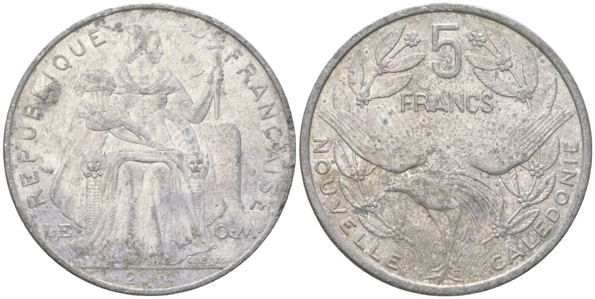 Французская Новая Каледония 5 франков 2004 птица кагу, (IEOM) KM 16, Schoen 12, Lec 81i алюминий 189-1213