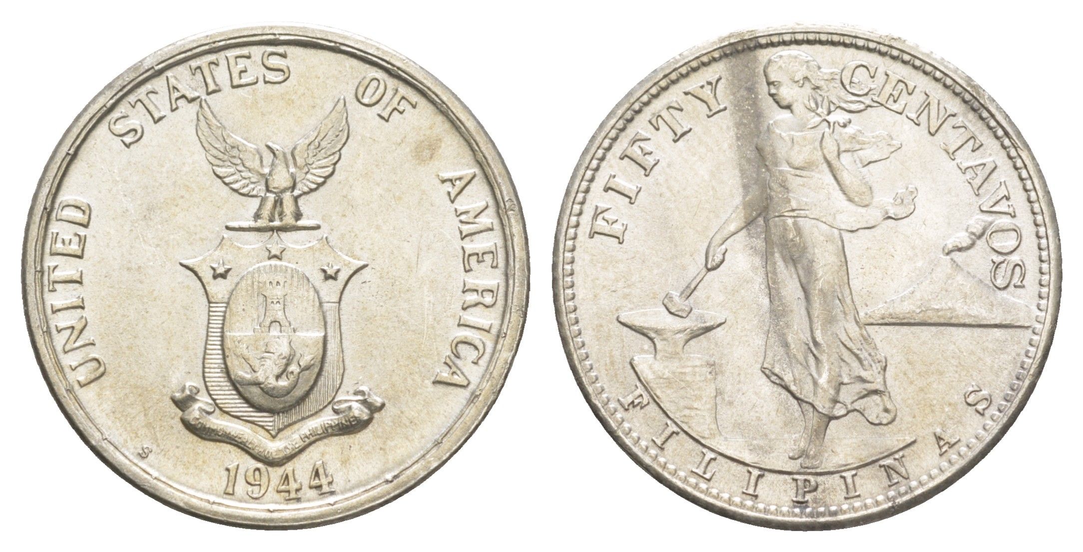 Филиппины 50 сентаво 1944 Администрация США KM 183 серебро aUNC 633-624