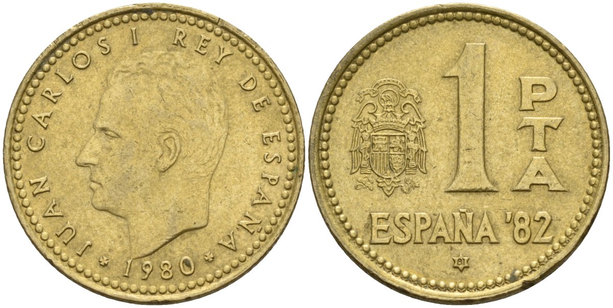 Испания 1 песета 1980 (81) чемпионат мира по футболу 1982 года в Испании, Хуан Карлос I (1975 - 2014) KM 816 алюминиевая бронза 4155-453